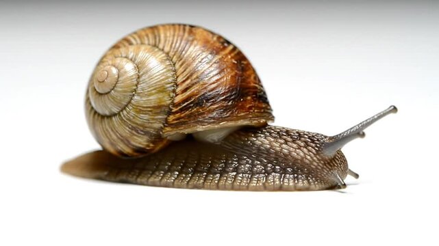Close-up of a snail crawling slowly on a white surface, showcasing its shell and texture details