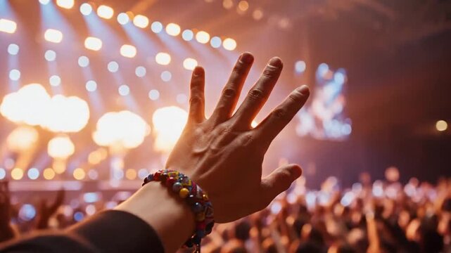 Hand raised at concert with colorful lights ideal for sleek commercial backgrounds and title sequences