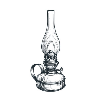 Vintage oil or kerosene lamp (lantern). Hand drawn sketch old-fashioned design. Vector illustration isolated on white background.