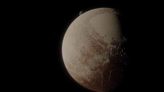 Close up, a cinematic trucking shot glides past the Pluto-Charon binary system, revealing their icy silhouettes against the absolute obsidian of the deep-space void.