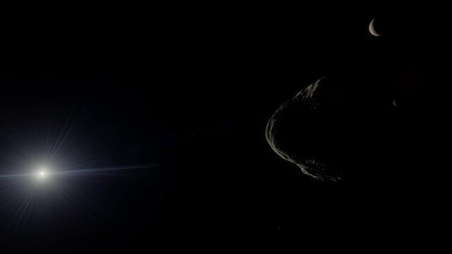 Nix glides past to reveal Pluto and Charon, their icy forms backlit by the far-off Sun. A haunting orbital dance isolated within the absolute blackness of the outer solar system.