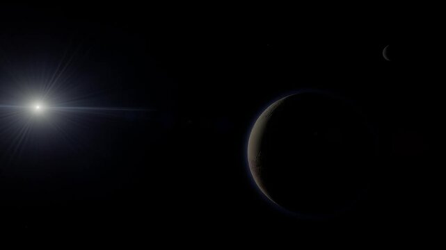 A cinematic alignment at the solar frontier: Pluto and Charon drift in a synchronized dance, their icy forms backlit by the piercing brilliance of a distant Sun against the obsidian void.