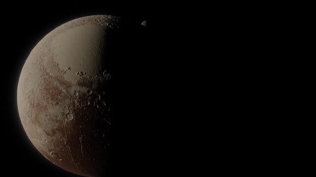 A cinematic trucking shot glides past the Pluto-Charon binary system, revealing their icy silhouettes against the absolute obsidian of the deep-space void.