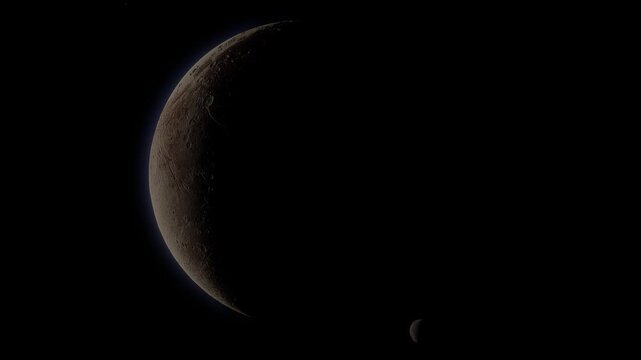 Close-up cinematic trucking shot glides past the Pluto-Charon binary system, revealing their icy silhouettes against the absolute obsidian of the deep-space void.