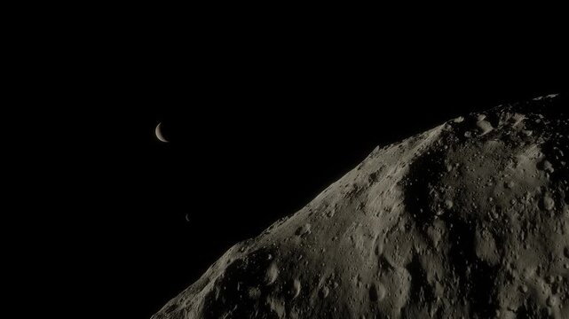 A sleek tracking shot of the moon Nix as it drifts into frame, revealing the Pluto-Charon binary system suspended in the obsidian silence of deep space.
