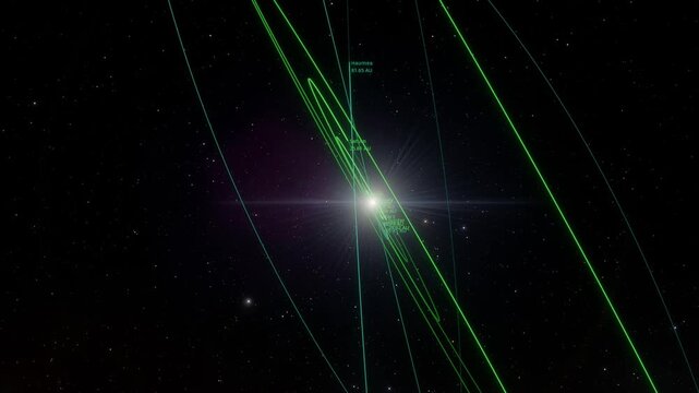 A cinematic rotation of the Solar System, charting interplanetary trajectories against a dense starfield. The orbital paths glow amidst the obsidian void, highlighting our star system.