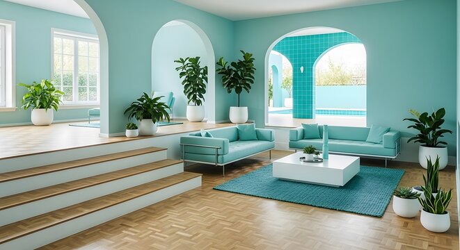 Contemporary living room with aqua walls, minimalist sofas, and green plants, featuring architectural arches and a view of an outdoor swimming pool.