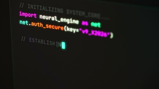 Programming computer code on screen in software development process.