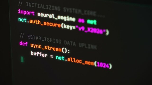 Programming computer code on screen in software development process.
