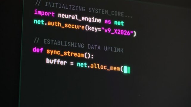 Programming computer code on screen in software development process.