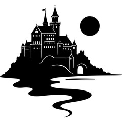 Obraz premium Medieval castle on a mountain cliff. Engraving minimalistic vector in black ink drawing on transparent background