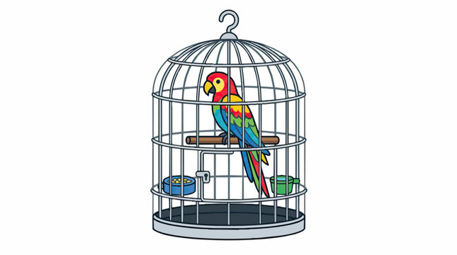 Colorful Parrot Perched Inside a Decorative Bird Cage.
