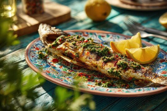 Grilled sea bass with chermoula sauce