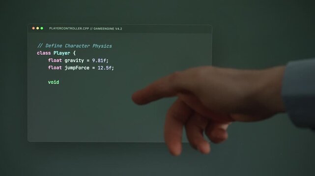 Person points at conceptual game physics code.