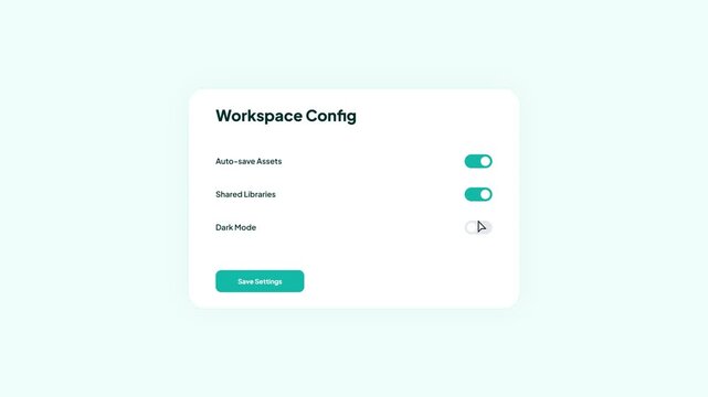 Workspace configuration user interface with teal accents and interactive toggle elements for asset management
