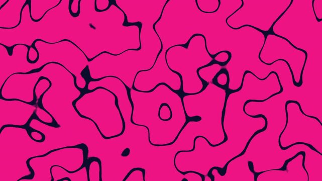 Seamless abstract loop of flowing dark organic lines on a vibrant pink background resembling liquid ripples or topographic terrain maps.