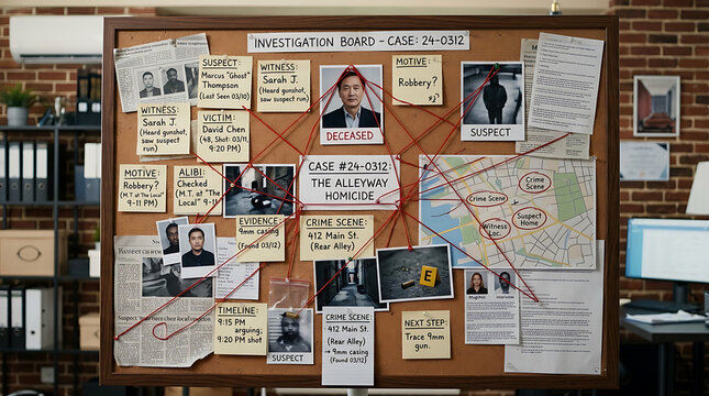 Intricate conspiracy board a detective's wall of evidence connections and suspects in a complex case