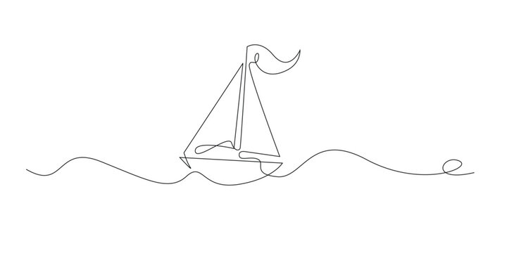 One line drawing of sailboat on water. Continuous line of smooth sailing motion. Travel and sea concept. Modern minimalist style. single line art vector illustration.