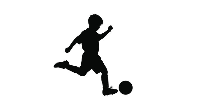 Boy kicking soccer ball dynamic action silhouette