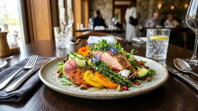 Gourmet salad dish with fresh premium ingredients, healthy dining and fine restaurant concept with colorful vegetables, herbs and elegant plating in a clean appetizing composition, natural light,