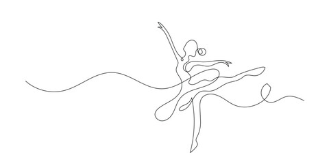 One line drawing of ballerina dancing gracefully. Continuous line of elegant movement. Ballet and performance concept. Modern minimalist style. single line art vector illustration. © bakul garis