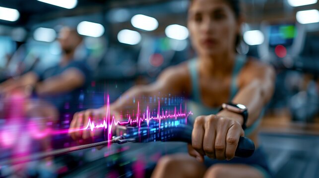 Hands on a rowing machine handle with glowing heartbeat data for cardio endurance gym technology AI