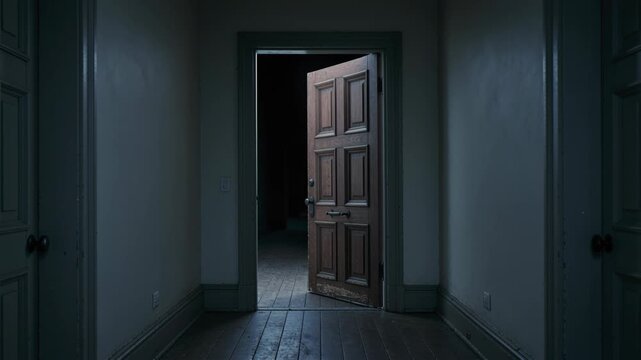Old wooden door opening slowly in dark hallway, revealing a mysterious path to an unknown room. Creepy ghost house with long corridor.