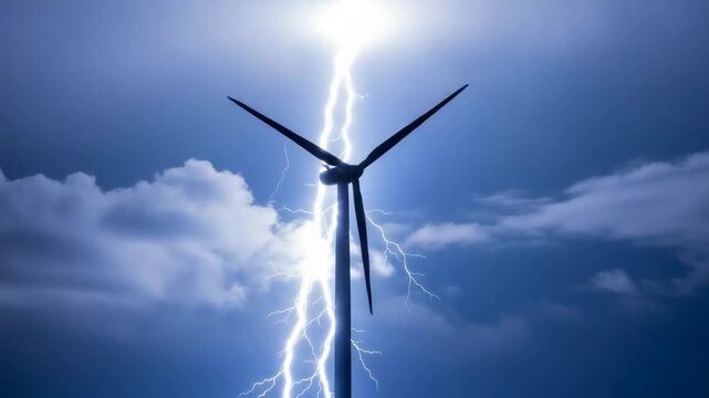 Wind turbine struck by lightning during stormy weather  