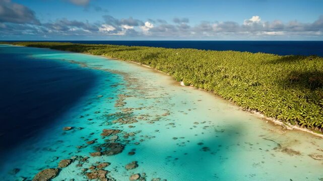 Coastline of palm forest beside shallow coral reef and sea