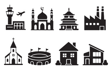 Fototapeta premium Building icons set black silhouettes of various architectural landmarks on white background