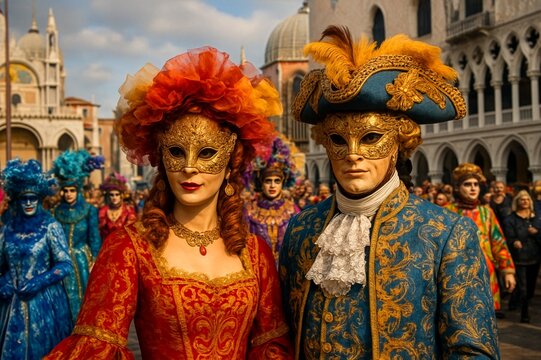 carnival costumes and masks at venice carnival parade in st. mark's square, celebrating rich culture and festive spirit with elaborate designs and colorful attire