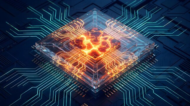 Futuristic AI computer chip with glowing neural circuits, high-tech processor on motherboard, advanced semiconductor technology for machine learning