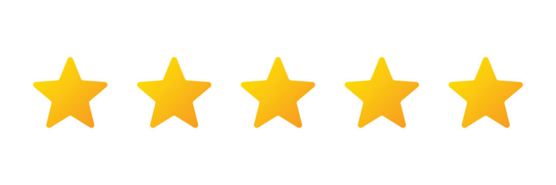 Five golden stars rating system illustration for customer feedback and quality review on transparent background