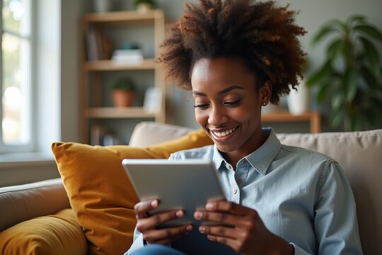 African American woman joins a virtual work meeting from home, using a tablet