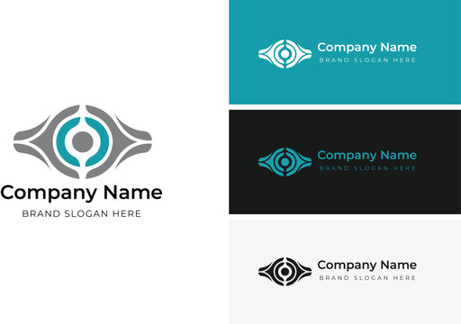 Abstract symmetrical eye logo template with a central circular core and geometric wings, featuring multiple color variations for corporate brand identity.