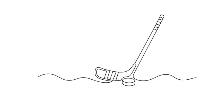One line drawing of hockey stick and ball. Continuous line of sport composition. Hockey game concept. Modern minimalist style. single line art vector illustration.
