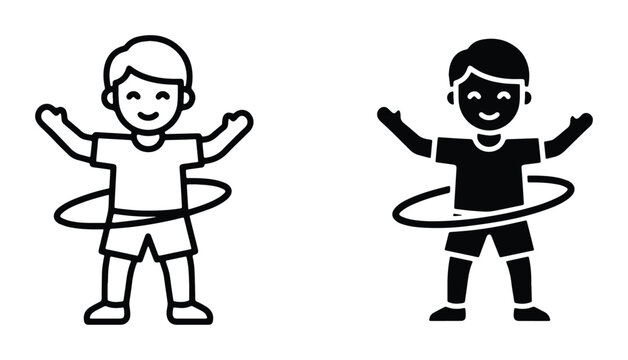 two cartoon children with hula hoops around their waists and arms in black and white outline style