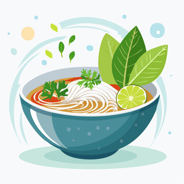 Authentische Pho-Bowl mit Rindfleisch, Kr&auml;utern und Reisnudeln