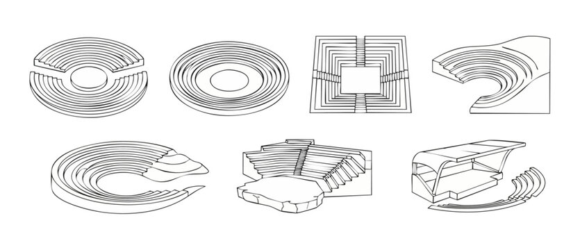 Amphitheater Arena Seating Icons Set: Architectural Stadium Bleachers and Performance Stages Collection for Event Planning, Minimalist Vector Line Art Design Elements for Modern Public Space Layouts