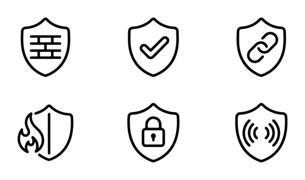 vector set of six security shield symbols with various indicators such as checkmark padlock and flame