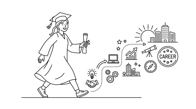 A graduate in a cap and gown walks forward with a diploma while thinking about career opportunities and icons related to business, education, and science float beside them.