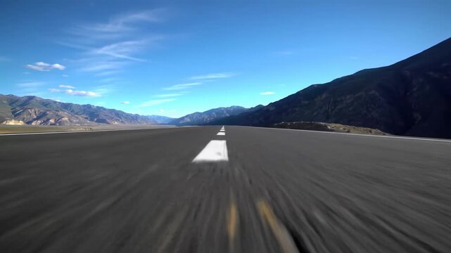 Smooth cinematic forward tracking video gliding low on pristine asphalt road with white dashed lines receding into boundless horizon, flanked by rugged mountains under clear blue sky. Concept of