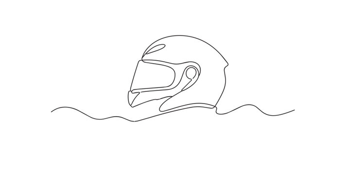 One line drawing of full face helmet with visor. Continuous line of protective shape. Riding safety concept. Modern minimalist style. single line art vector illustration.