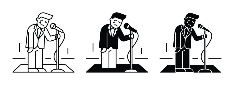 line art icons set featuring singing men on stage with microphones