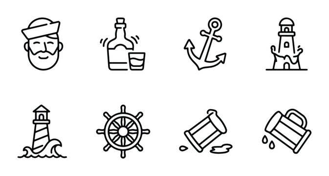 sailor with hat and beard bottle of alcohol lighthouse anchor ship wheel broken barrel spilled oil overturned keg