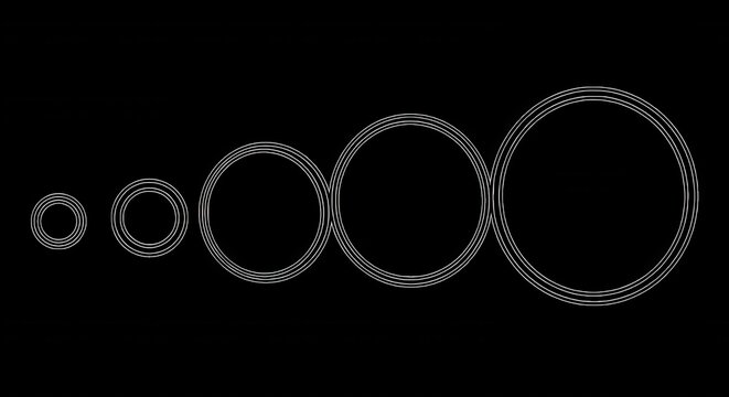Five concentric circles of increasing size arranged in a horizontal row against a solid black background, thin white outlines