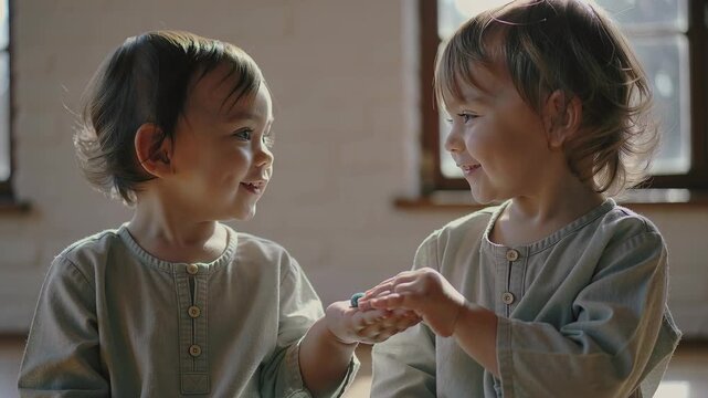 Two young children playing together with a small blue object, sharing happy moments and exploring early social development