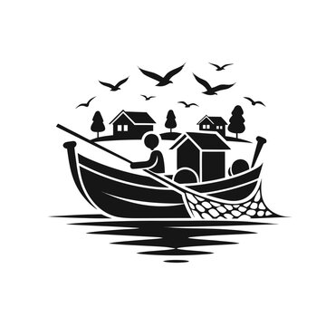 Fishing Boat with Village & Birds Silhouette &mdash; Icon for Sustainable Livelihood, Coastal Community & Traditional Economy
