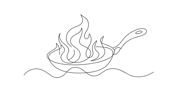 One line drawing of frying pan with flame. Continuous line of cooking action. Culinary and kitchen concept. Modern minimalist style. single line art vector illustration.
