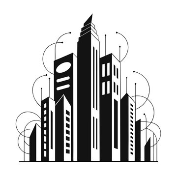 Stylized City Skyline Icon &mdash; Black Silhouetted Skyscrapers with Signal Waves for Smart City, Tech & Urban Development
